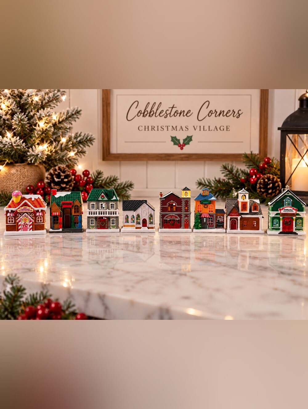 Lot of 8 Cobblestone Corners Miniature Christmas Village Buildings Holiday Decor